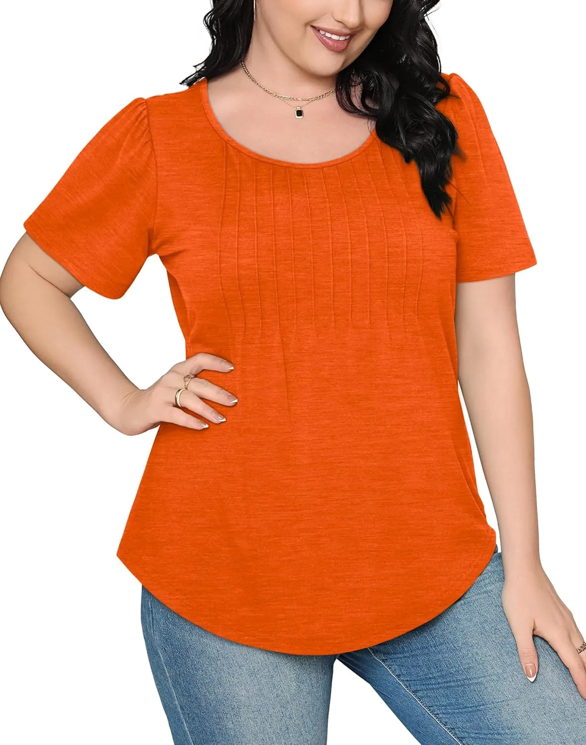 OFEEFAN Womens T Shirts Short Sleeve Pleated Dressy Casual Scooped Neck Summer Tops Blouses