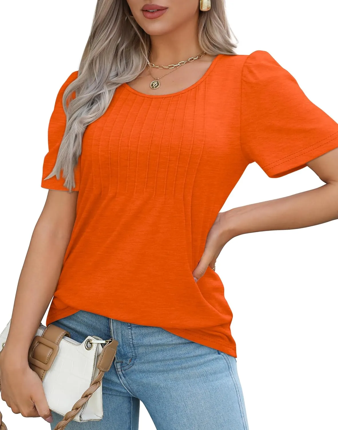 OFEEFAN Womens T Shirts Short Sleeve Pleated Dressy Casual Scooped Neck Summer Tops Blouses