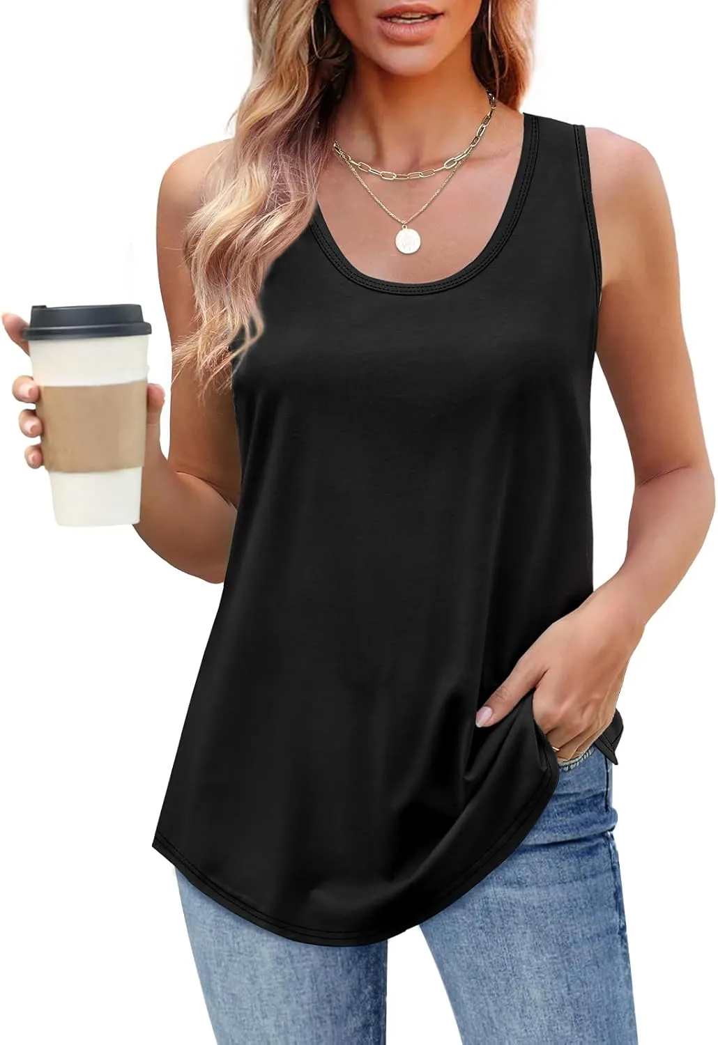 OFEEFAN Womens Tank Tops Loose Fit Scoop Neck Casual Summer Tops Curvy Hem