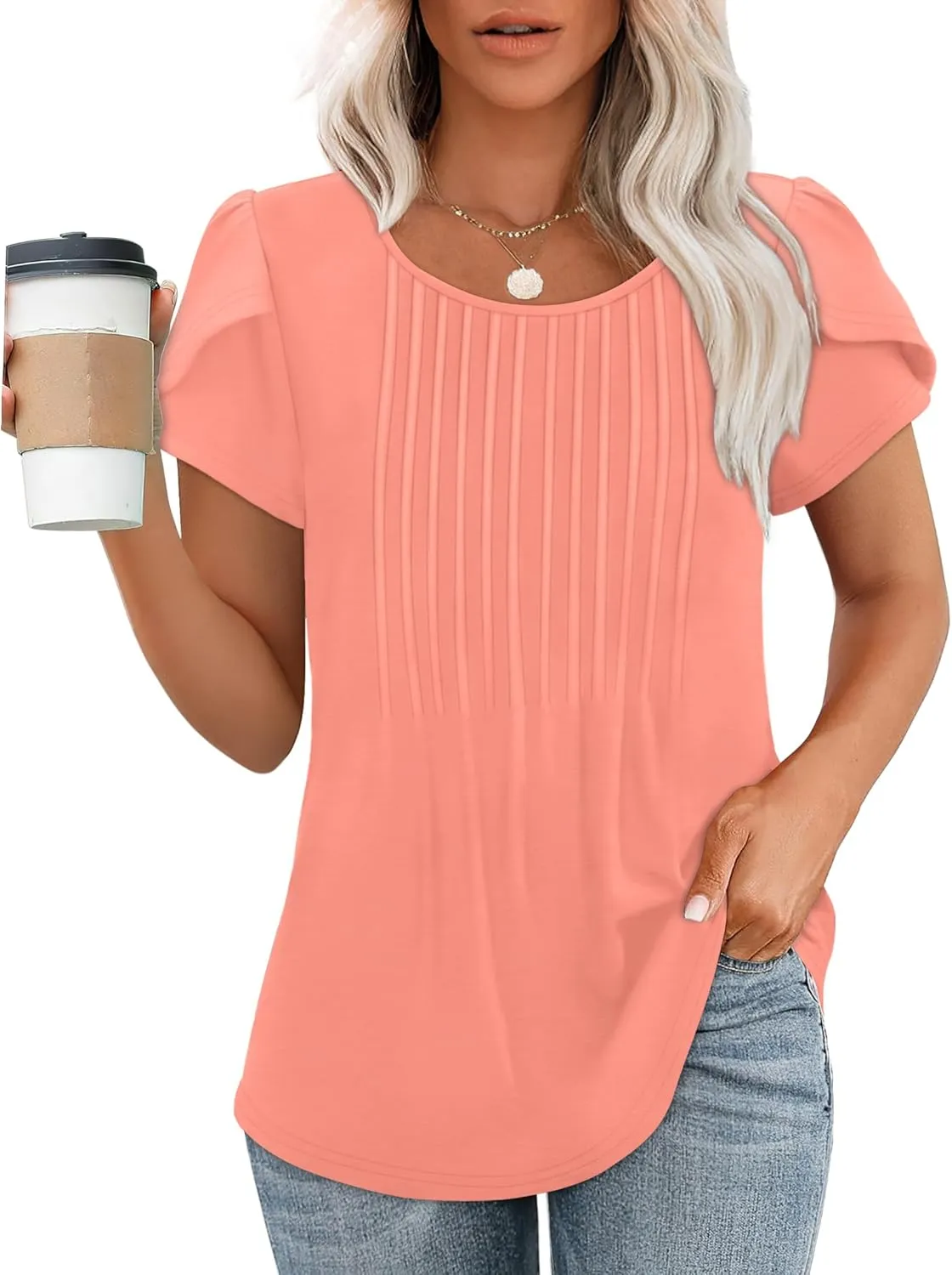 OFEEFAN Womens Tops Tulip Short Sleeve Blouses Pleated Front Summer Beach Vacation Outfits