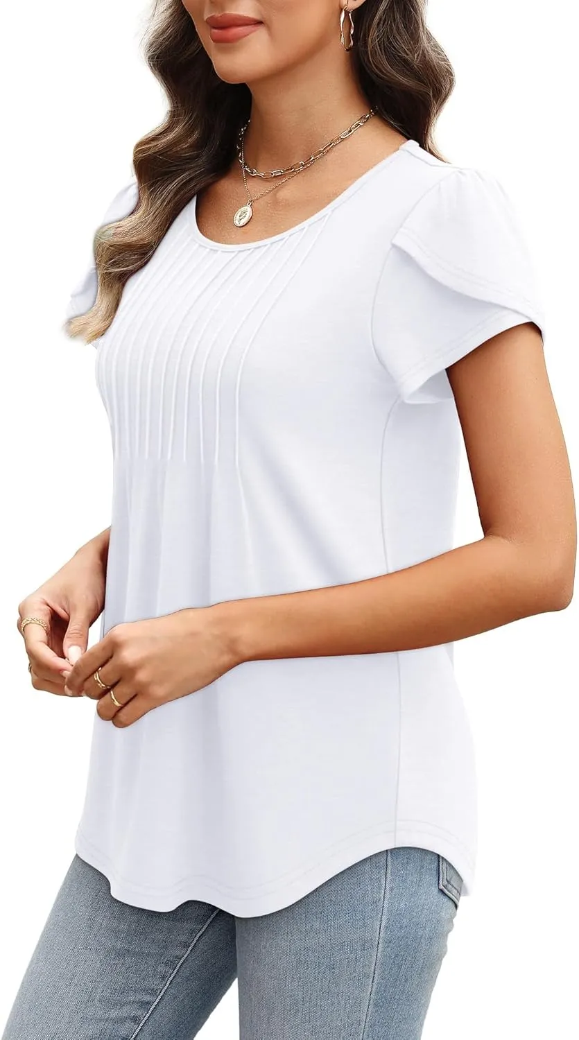 OFEEFAN Womens Tops Tulip Short Sleeve Blouses Pleated Front Summer Beach Vacation Outfits