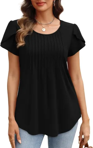 OFEEFAN Womens Tops Tulip Short Sleeve Blouses Pleated Front Summer Beach Vacation Outfits