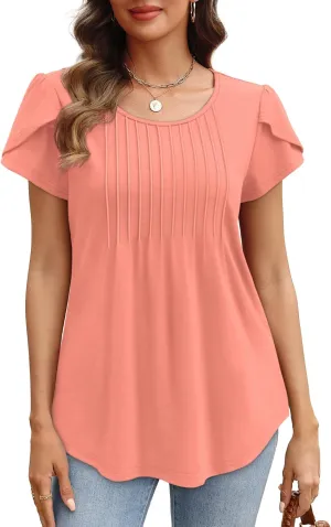 OFEEFAN Womens Tops Tulip Short Sleeve Blouses Pleated Front Summer Beach Vacation Outfits