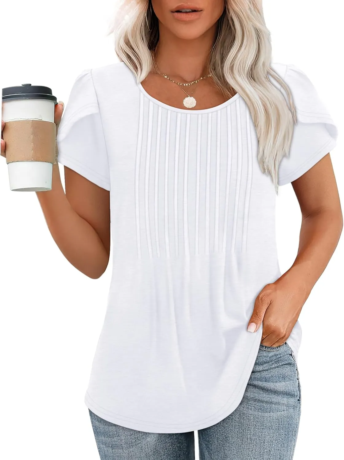 OFEEFAN Womens Tops Tulip Short Sleeve Blouses Pleated Front Summer Beach Vacation Outfits