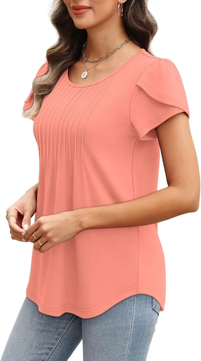 OFEEFAN Womens Tops Tulip Short Sleeve Blouses Pleated Front Summer Beach Vacation Outfits