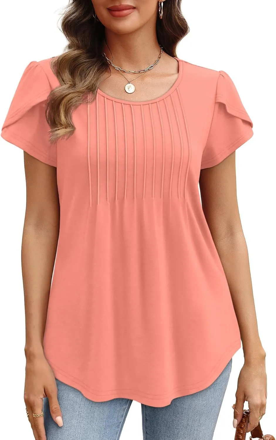 OFEEFAN Womens Tops Tulip Short Sleeve Blouses Pleated Front Summer Beach Vacation Outfits