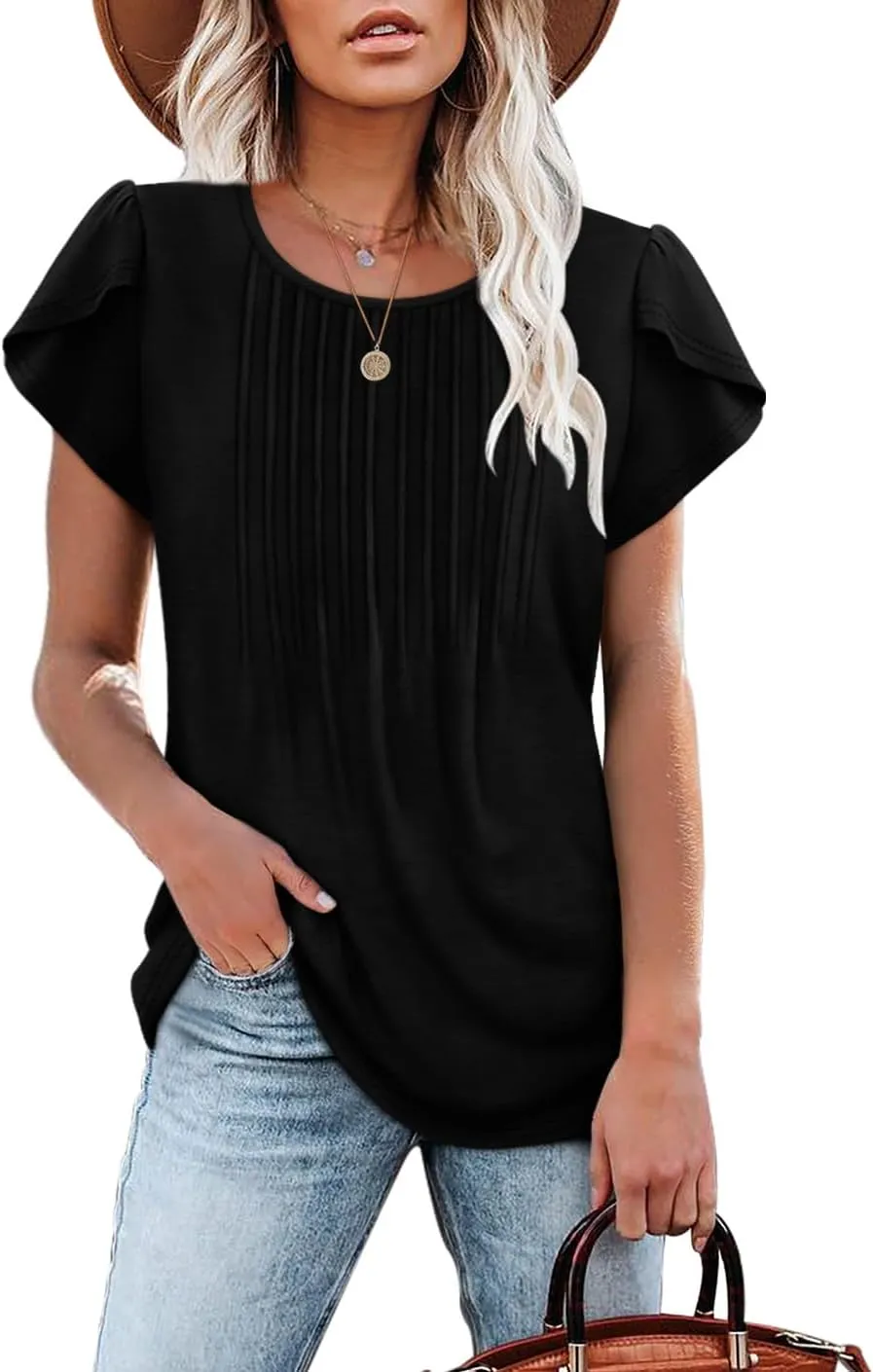 OFEEFAN Womens Tops Tulip Short Sleeve Blouses Pleated Front Summer Beach Vacation Outfits