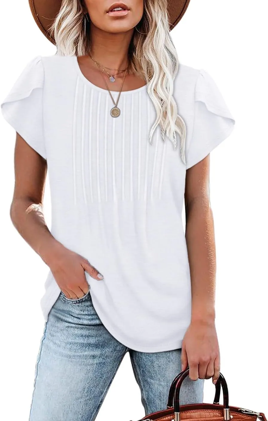 OFEEFAN Womens Tops Tulip Short Sleeve Blouses Pleated Front Summer Beach Vacation Outfits