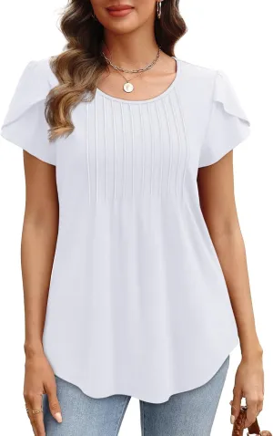 OFEEFAN Womens Tops Tulip Short Sleeve Blouses Pleated Front Summer Beach Vacation Outfits