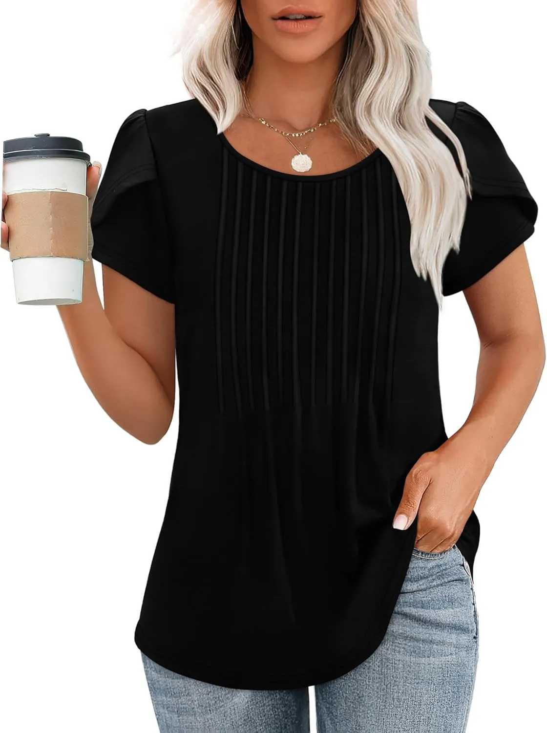 OFEEFAN Womens Tops Tulip Short Sleeve Blouses Pleated Front Summer Beach Vacation Outfits