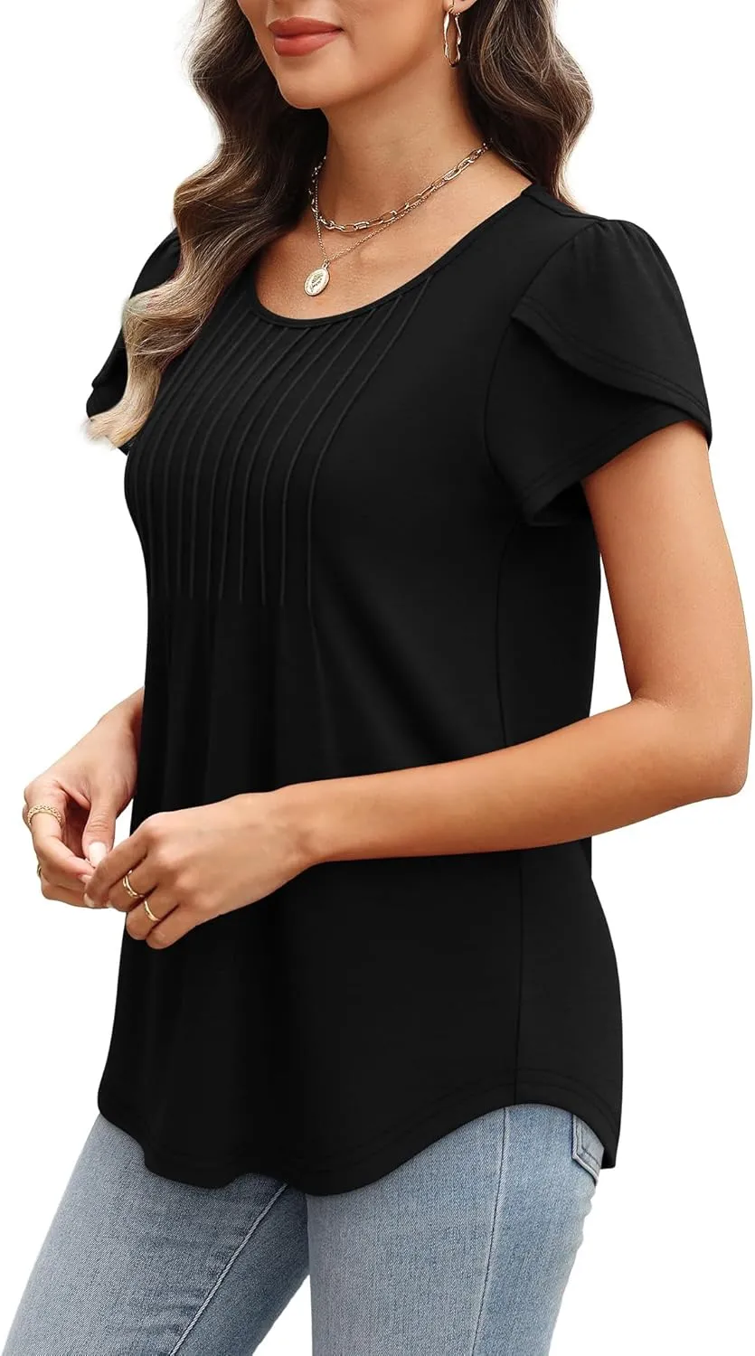 OFEEFAN Womens Tops Tulip Short Sleeve Blouses Pleated Front Summer Beach Vacation Outfits