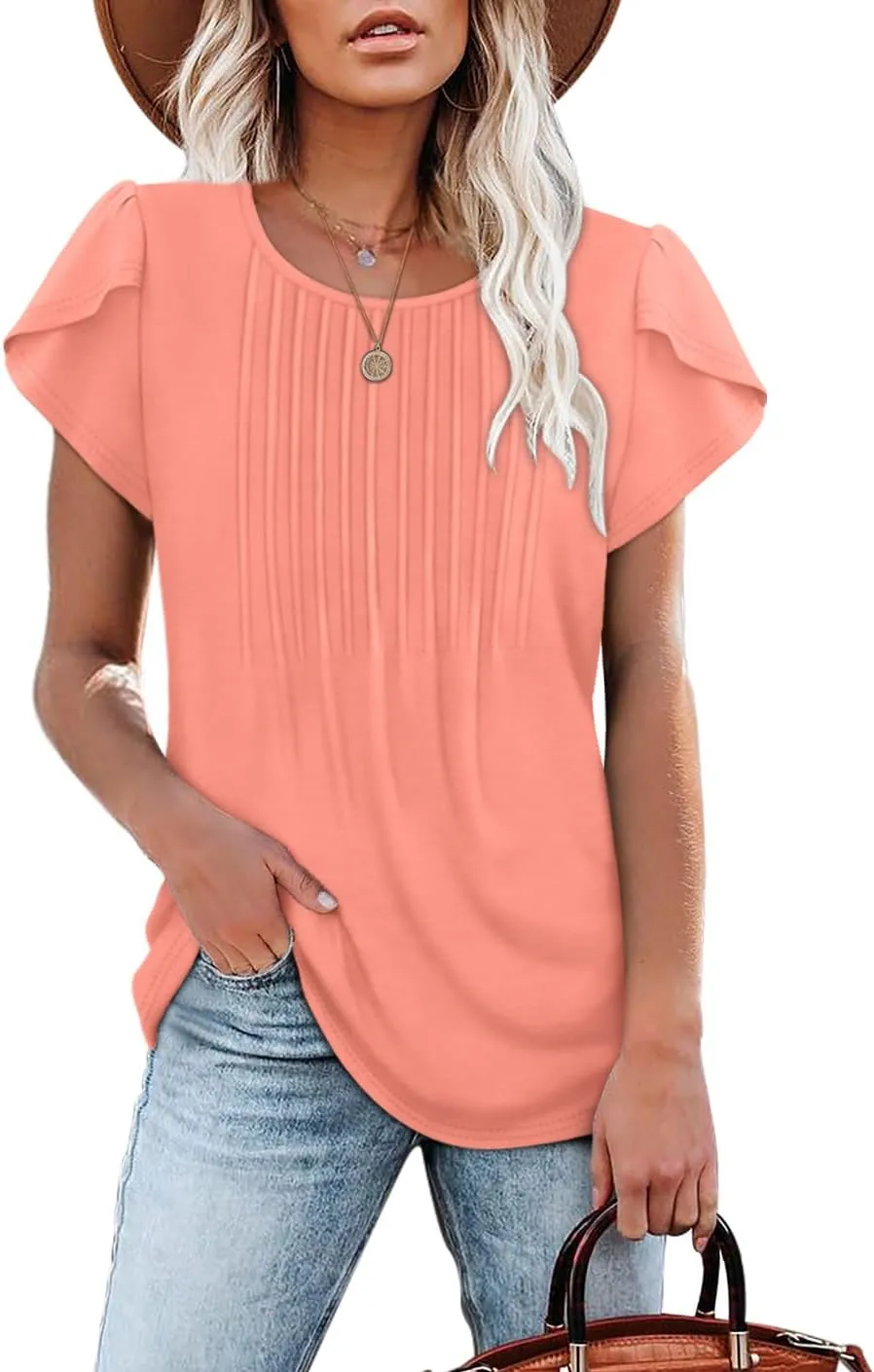 OFEEFAN Womens Tops Tulip Short Sleeve Blouses Pleated Front Summer Beach Vacation Outfits
