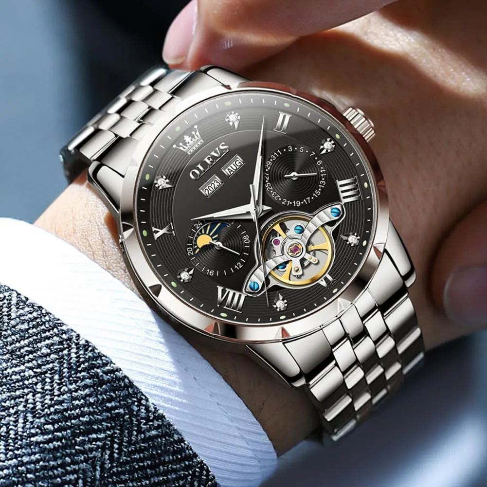 OLEVS Men Automatic Watch Skeleton Mechanical Classic Luxury Business Diamond Stainless Steel Waterproof Luminous Date Calendar Wrist Watches for Men