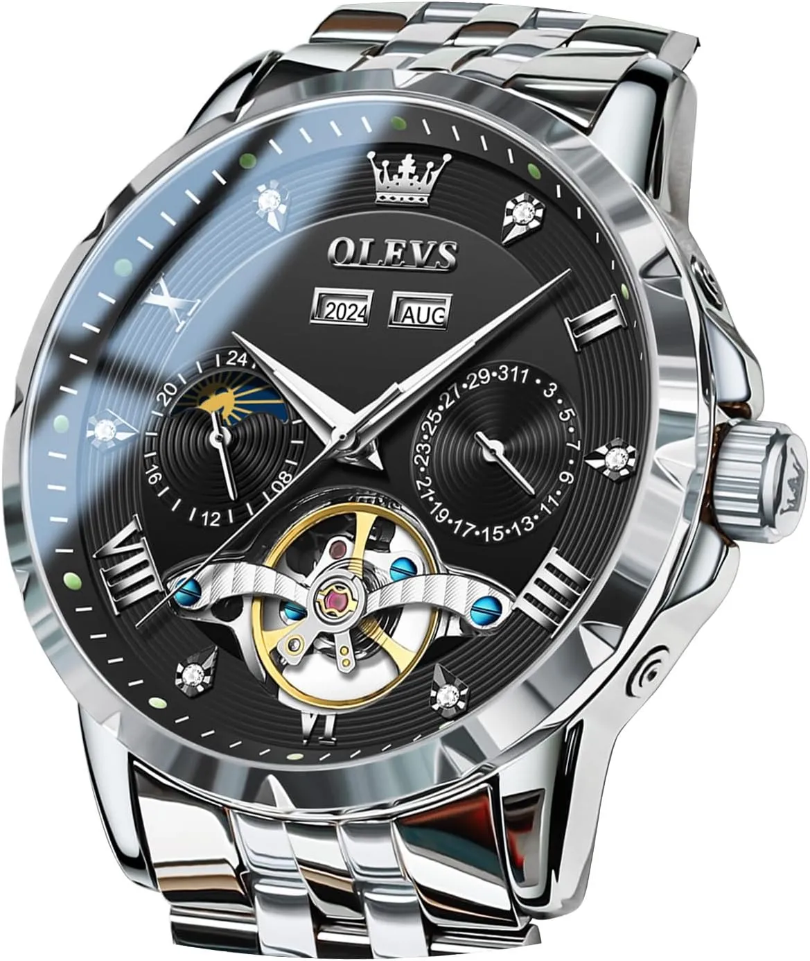 OLEVS Men Automatic Watch Skeleton Mechanical Classic Luxury Business Diamond Stainless Steel Waterproof Luminous Date Calendar Wrist Watches for Men