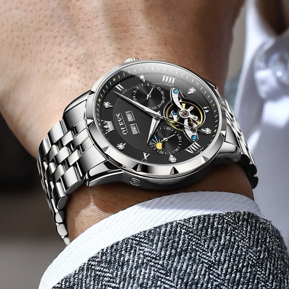 OLEVS Men Automatic Watch Skeleton Mechanical Classic Luxury Business Diamond Stainless Steel Waterproof Luminous Date Calendar Wrist Watches for Men