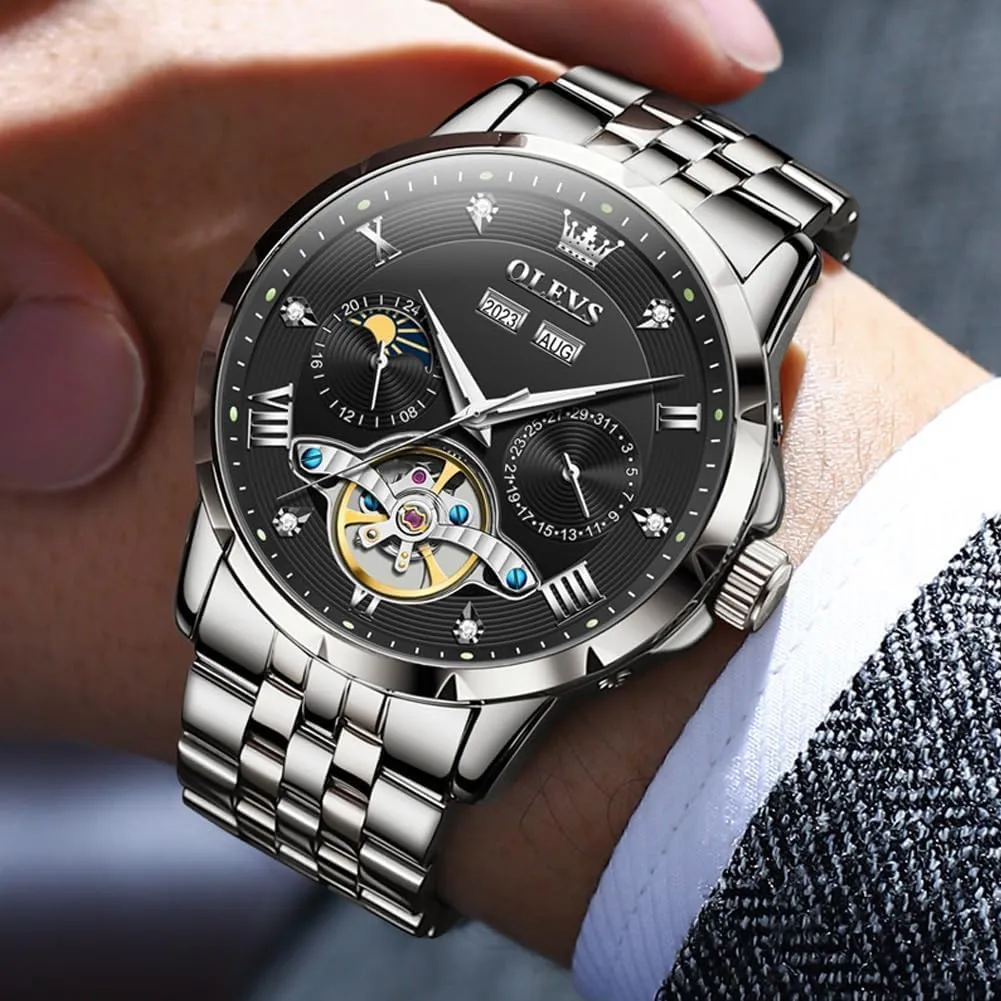 OLEVS Men Automatic Watch Skeleton Mechanical Classic Luxury Business Diamond Stainless Steel Waterproof Luminous Date Calendar Wrist Watches for Men