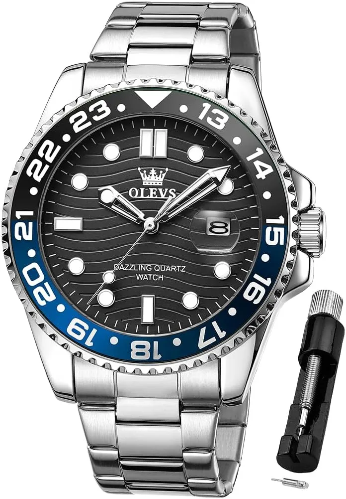 OLEVS Men Skeleton Watches Stainless Steel Analog Quartz Moon Phase Male Watch, Diamond Multi Calendar Chronograph Watch,Waterproof Wrist Watch for Men