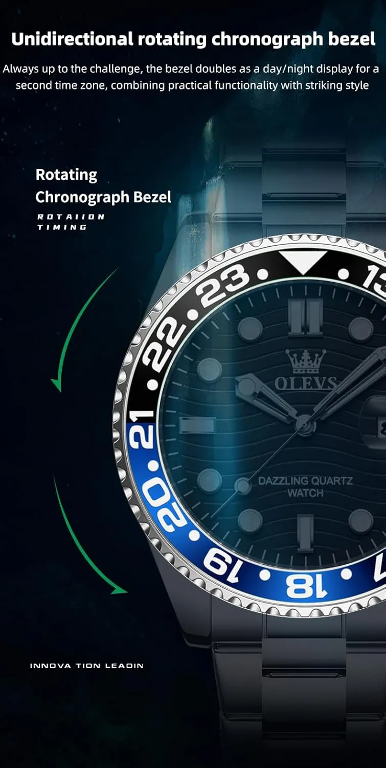 OLEVS Men Skeleton Watches Stainless Steel Analog Quartz Moon Phase Male Watch, Diamond Multi Calendar Chronograph Watch,Waterproof Wrist Watch for Men
