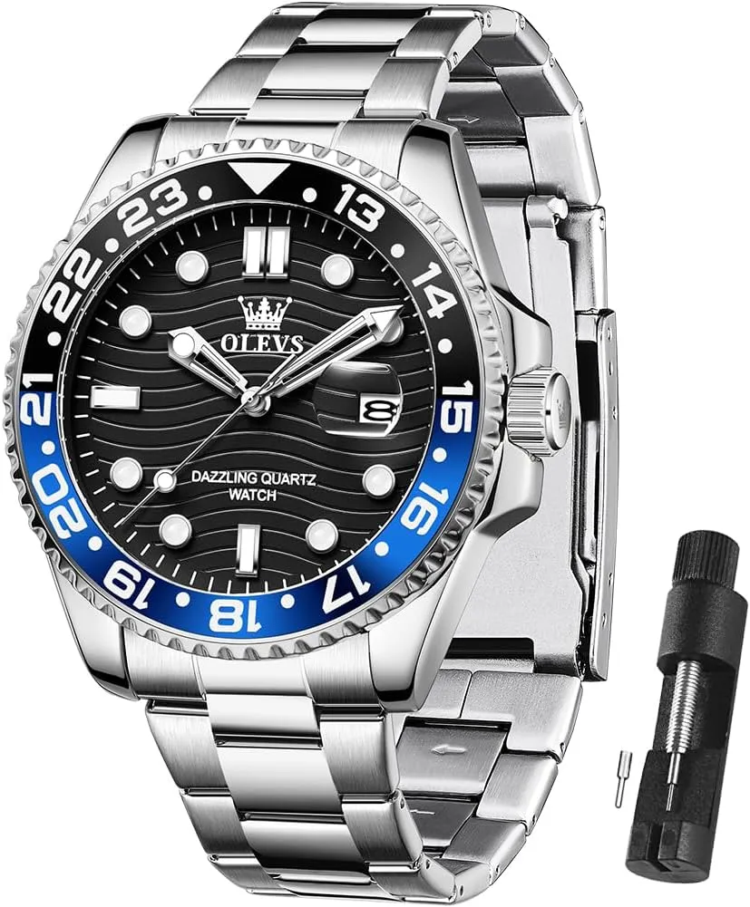 OLEVS Men Skeleton Watches Stainless Steel Analog Quartz Moon Phase Male Watch, Diamond Multi Calendar Chronograph Watch,Waterproof Wrist Watch for Men