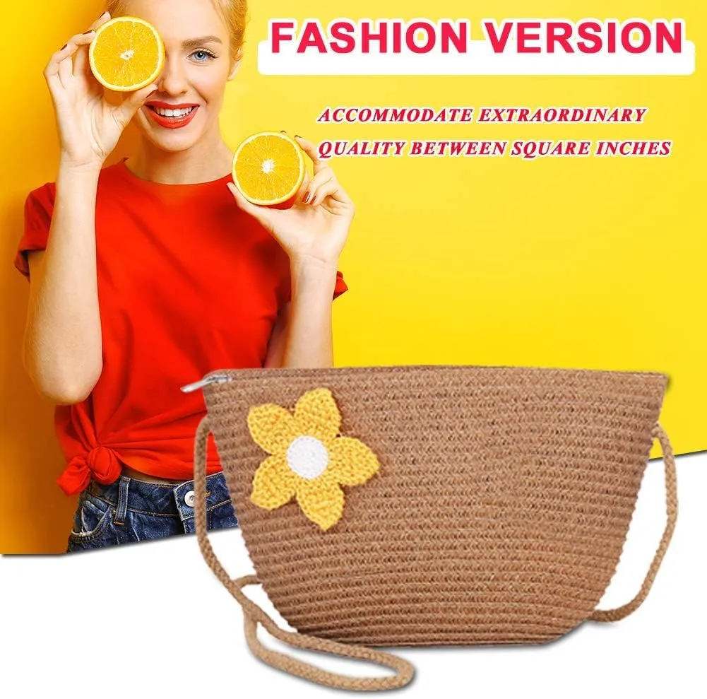 Omen's Floral Straw Crossbody Bag Fashion Casual Woven Rattan Clutch Summer Beach Handwoven Wallet
