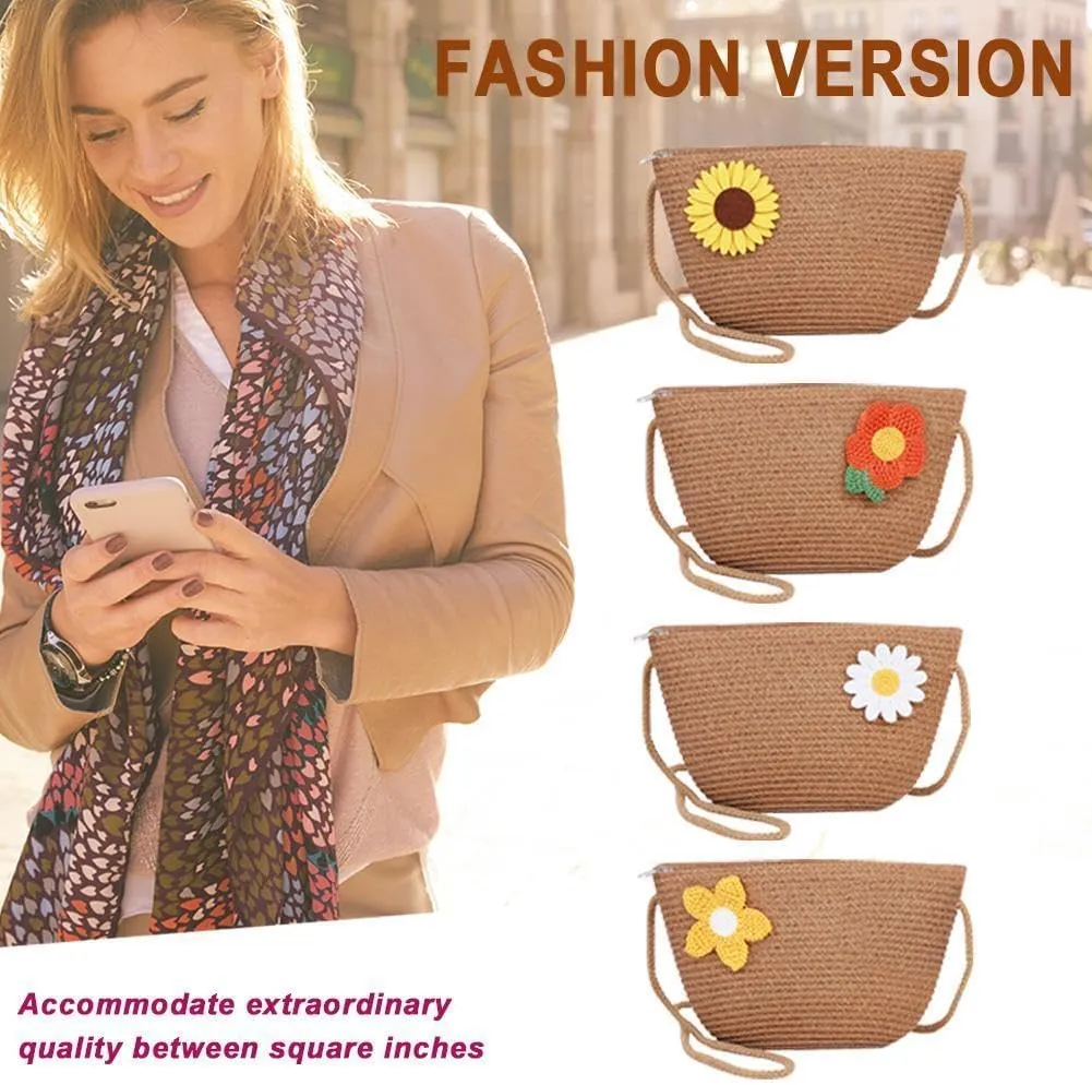 Omen's Floral Straw Crossbody Bag Fashion Casual Woven Rattan Clutch Summer Beach Handwoven Wallet
