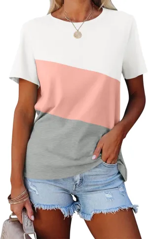 ORANDESIGNE Women's Color Block Short Sleeve T Shirts Casual Crew Neck Tops Basic Summer Loose Fit Tees