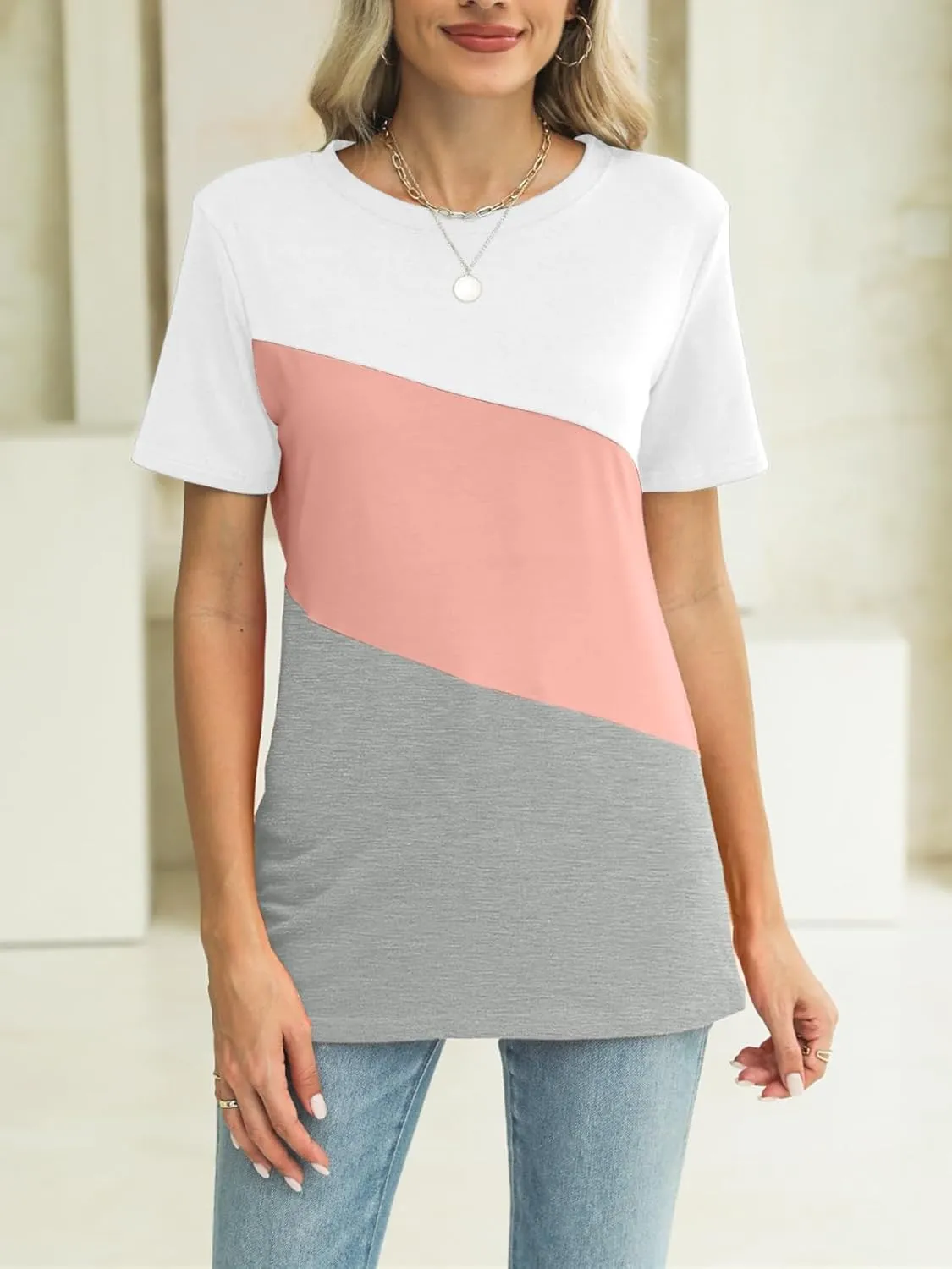 ORANDESIGNE Women's Color Block Short Sleeve T Shirts Casual Crew Neck Tops Basic Summer Loose Fit Tees
