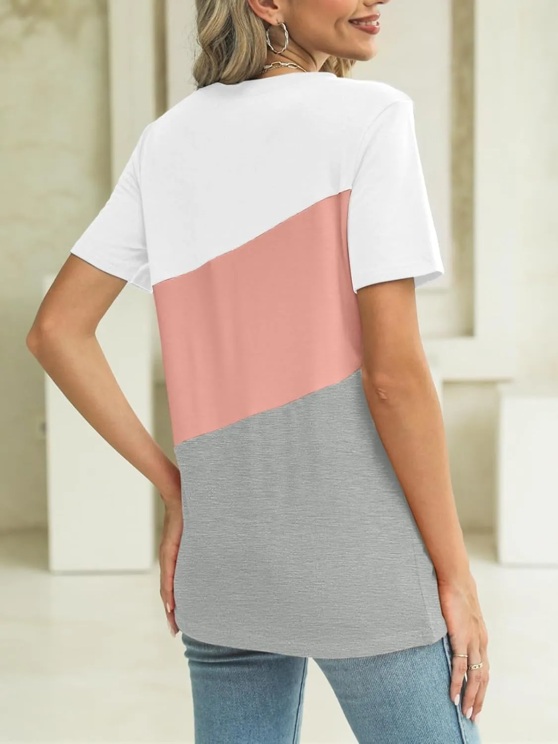 ORANDESIGNE Women's Color Block Short Sleeve T Shirts Casual Crew Neck Tops Basic Summer Loose Fit Tees