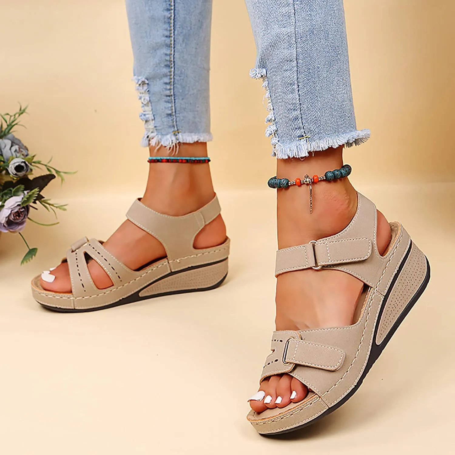 Orthopedic Sandals for Women Fashion, Open Toe Ankle Strap Platform Sandals Casual Strappy Low Wedges Slip on Sandals