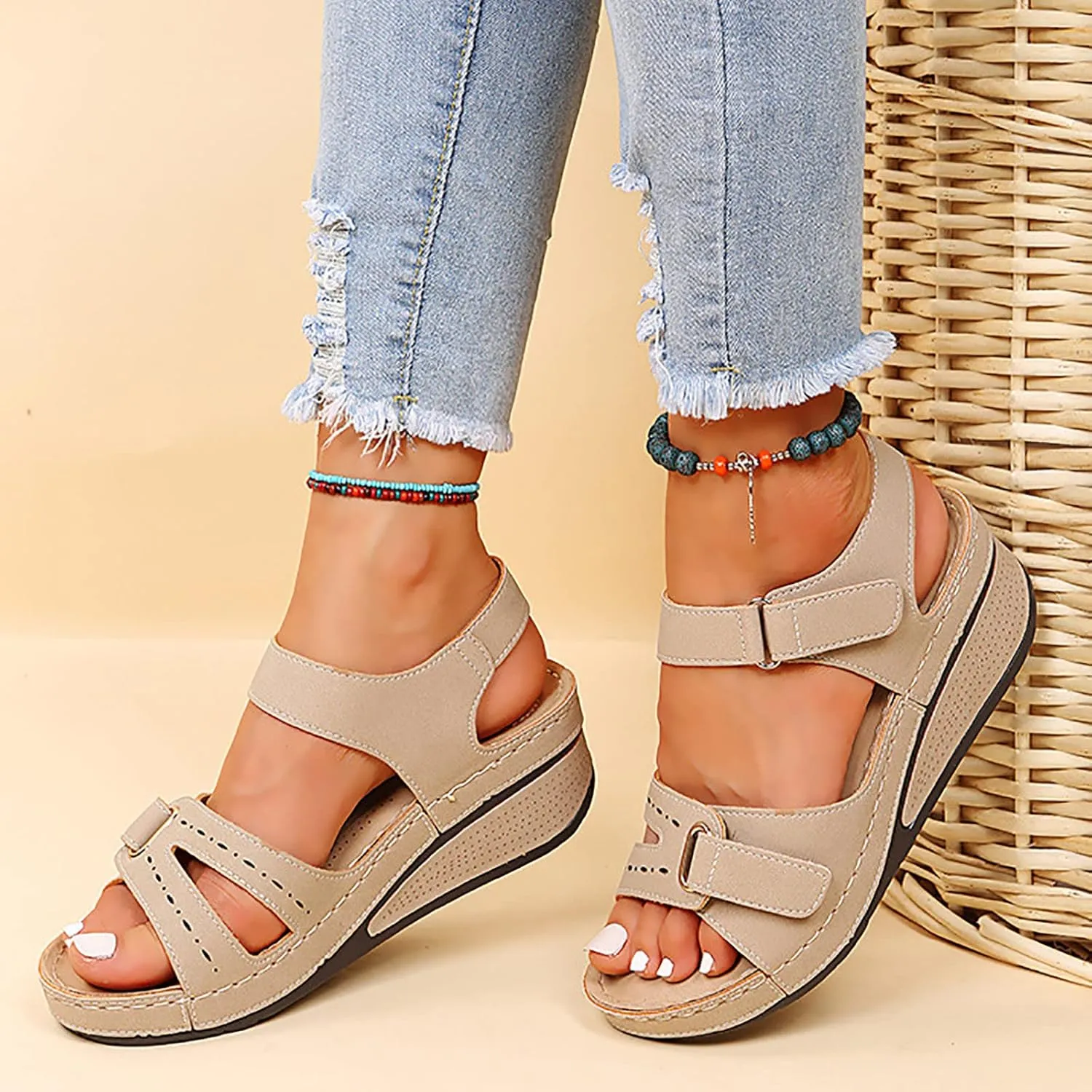 Orthopedic Sandals for Women Fashion, Open Toe Ankle Strap Platform Sandals Casual Strappy Low Wedges Slip on Sandals