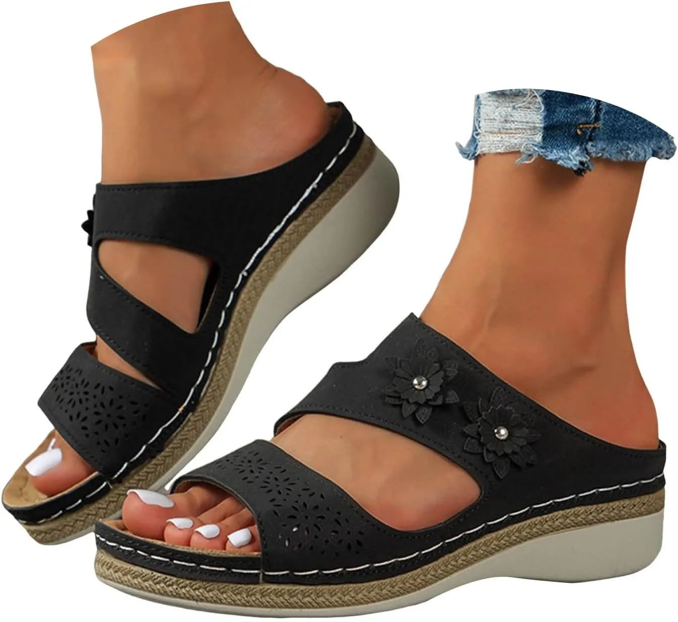Orthowalkway Orthopedic Wedge Sandals for Women Casual Strappy Wide Width Slide Sandals Slip On Walking Beach Shoes