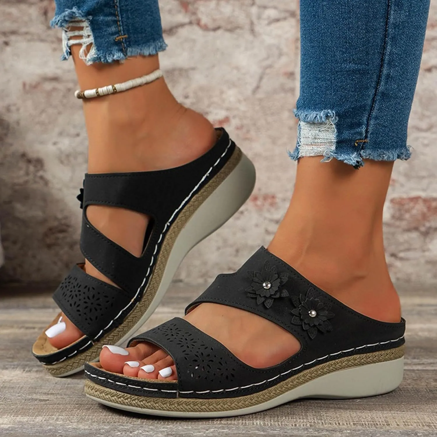 Orthowalkway Orthopedic Wedge Sandals for Women Casual Strappy Wide Width Slide Sandals Slip On Walking Beach Shoes