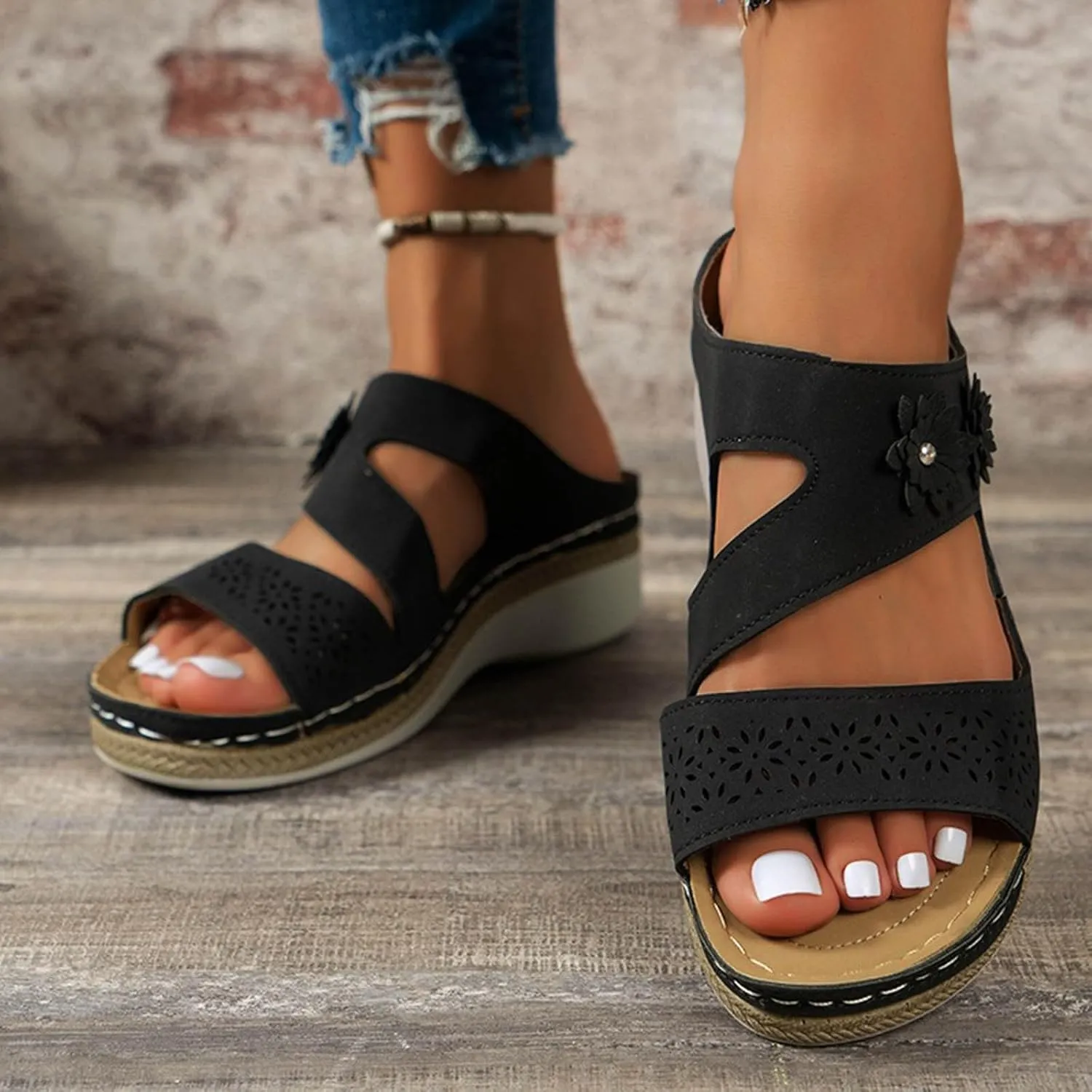 Orthowalkway Orthopedic Wedge Sandals for Women Casual Strappy Wide Width Slide Sandals Slip On Walking Beach Shoes