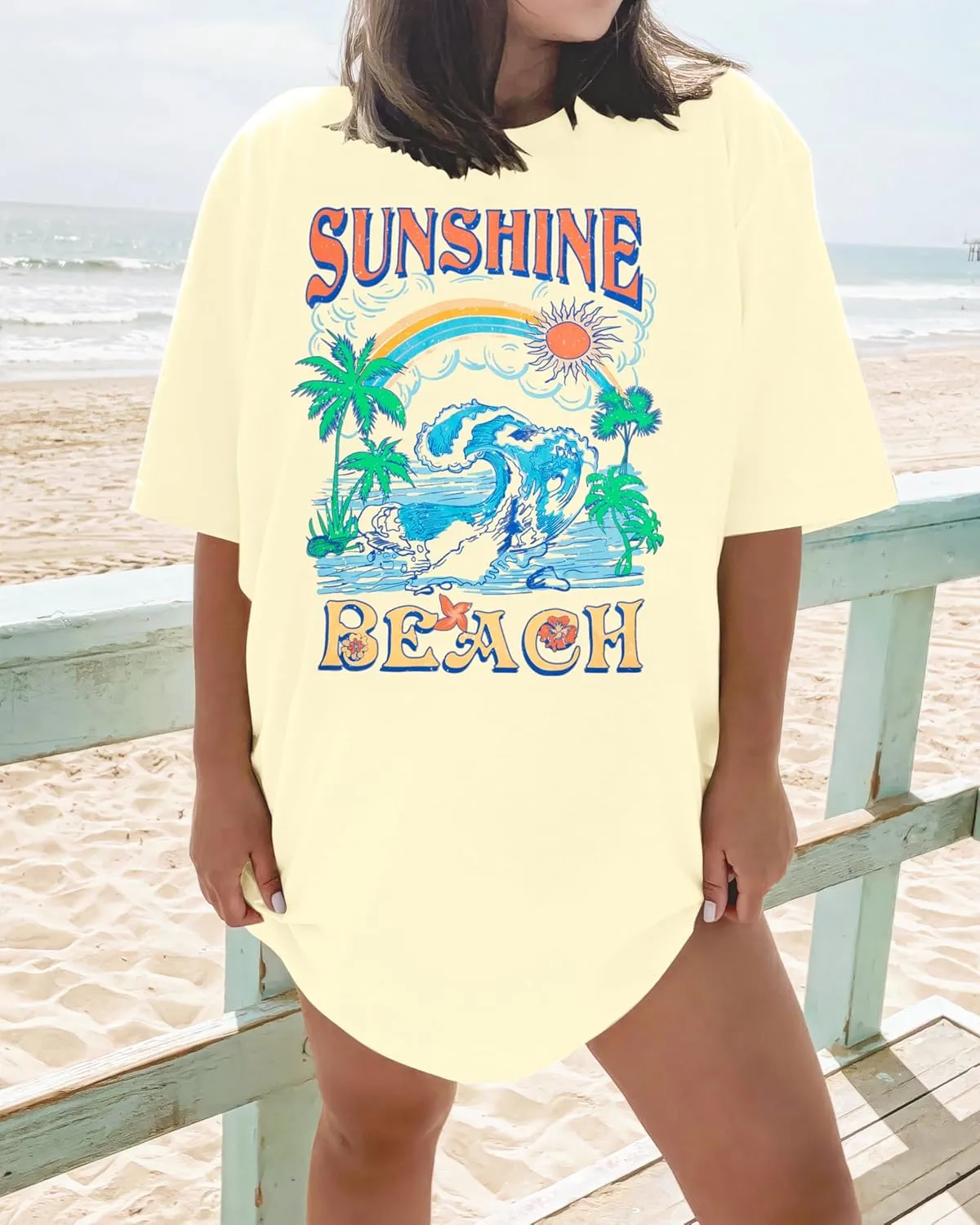 Oversized Hawaiian Shirts Women Sunshine Beach Tshirt Hawaii Tropical Tops Beach Graphic Shirt Summer Vacation Tee Top