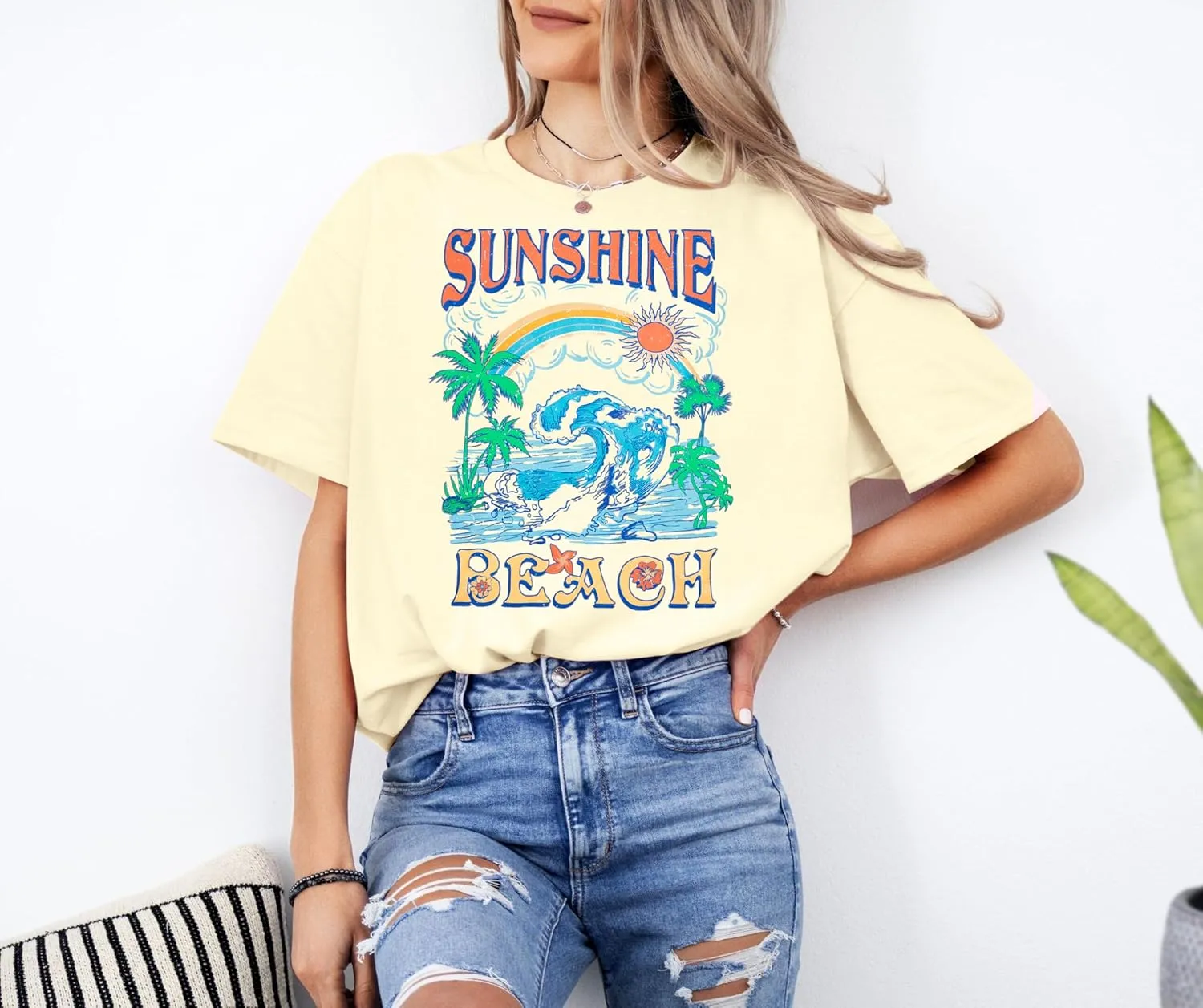 Oversized Hawaiian Shirts Women Sunshine Beach Tshirt Hawaii Tropical Tops Beach Graphic Shirt Summer Vacation Tee Top