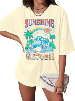Oversized Hawaiian Shirts Women Sunshine Beach Tshirt Hawaii Tropical Tops Beach Graphic Shirt Summer Vacation Tee Top