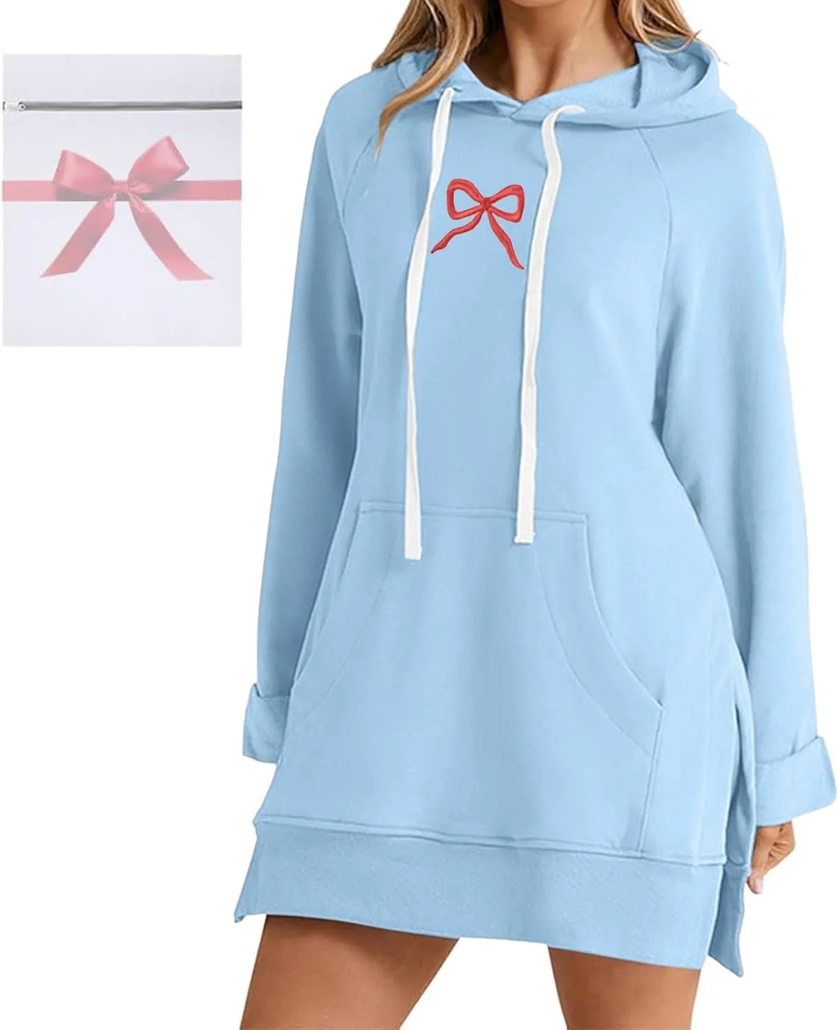Oversized Hoodie Dress for Women Casual Drawstring Long Sweatshirt with Pocket Bow love Graphic Print Split Hem Shirt