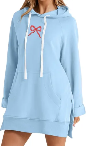 Oversized Hoodie Dress for Women Casual Drawstring Long Sweatshirt with Pocket Bow love Graphic Print Split Hem Shirt