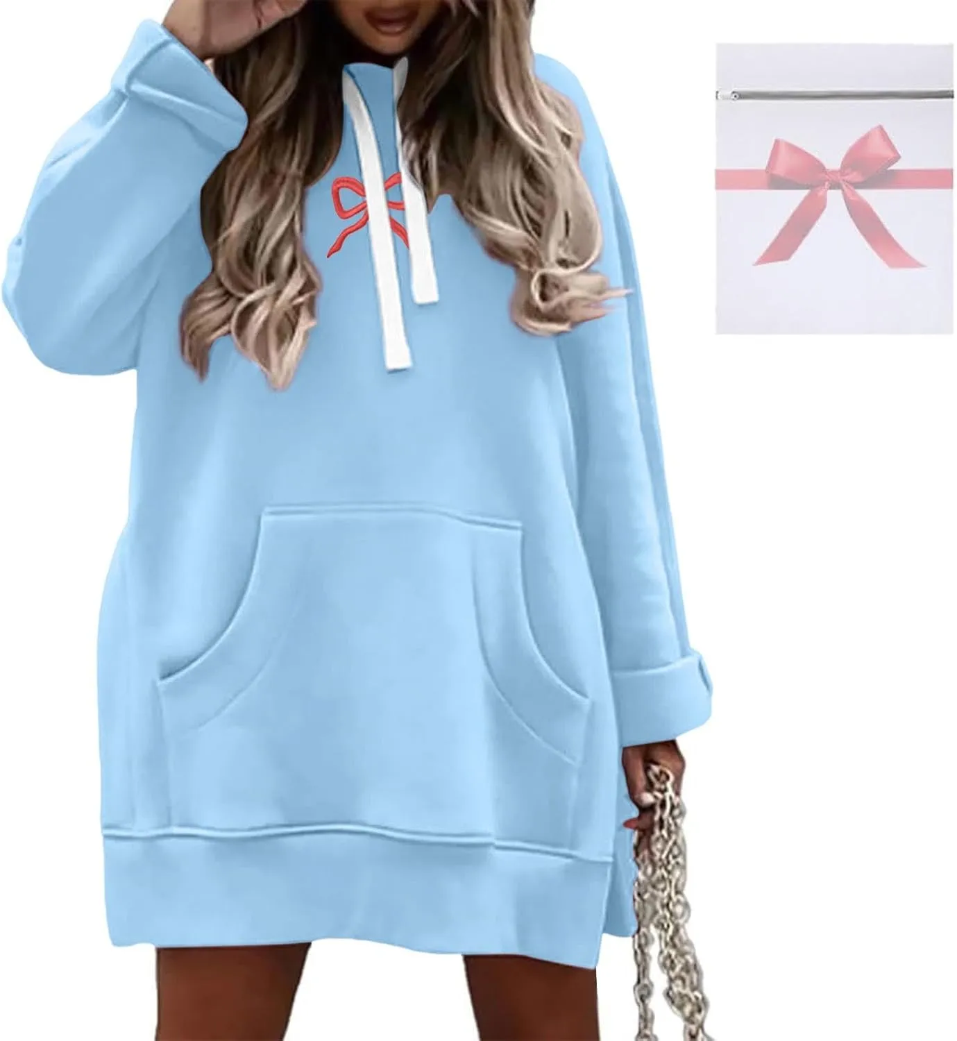 Oversized Hoodie Dress for Women Casual Drawstring Long Sweatshirt with Pocket Bow love Graphic Print Split Hem Shirt