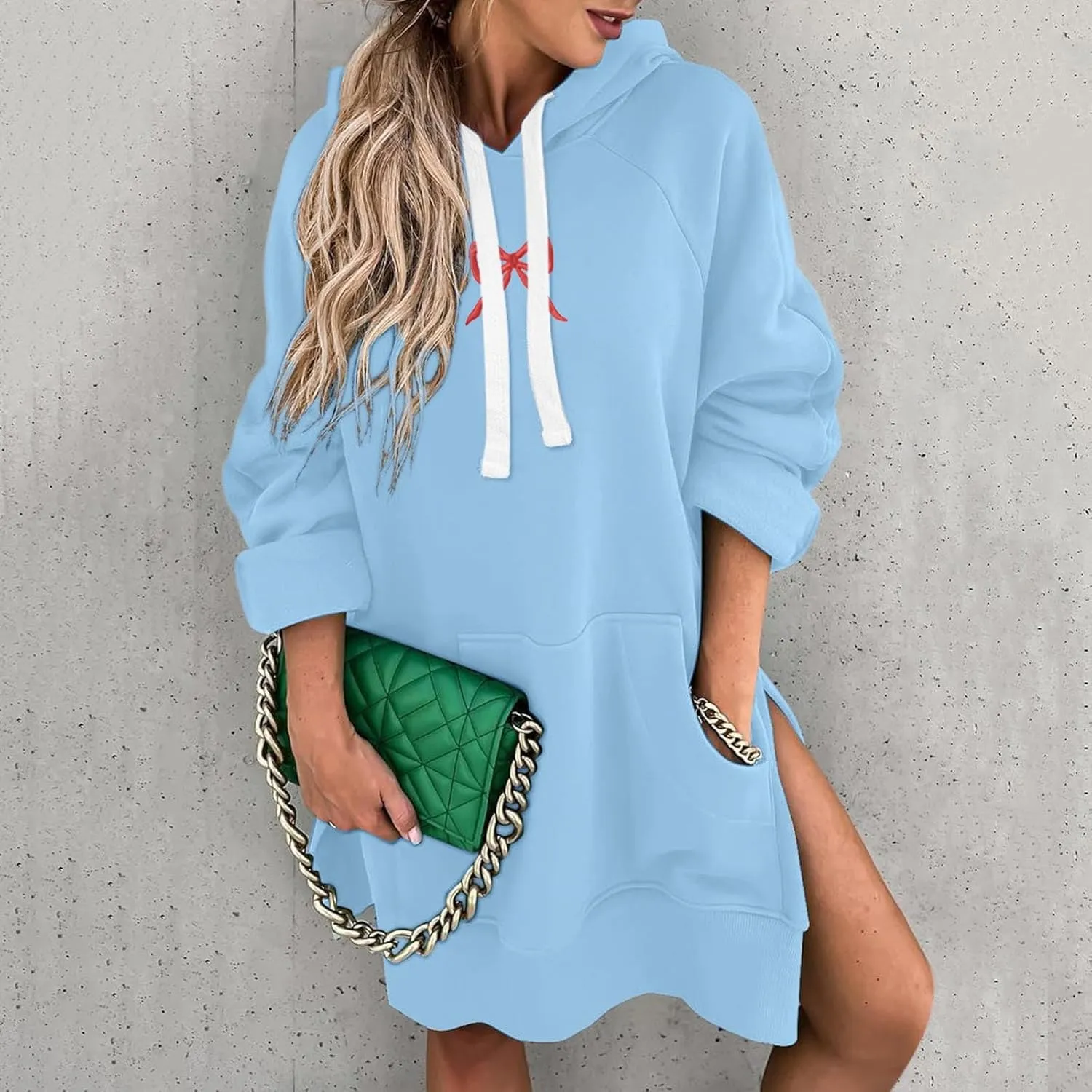 Oversized Hoodie Dress for Women Casual Drawstring Long Sweatshirt with Pocket Bow love Graphic Print Split Hem Shirt