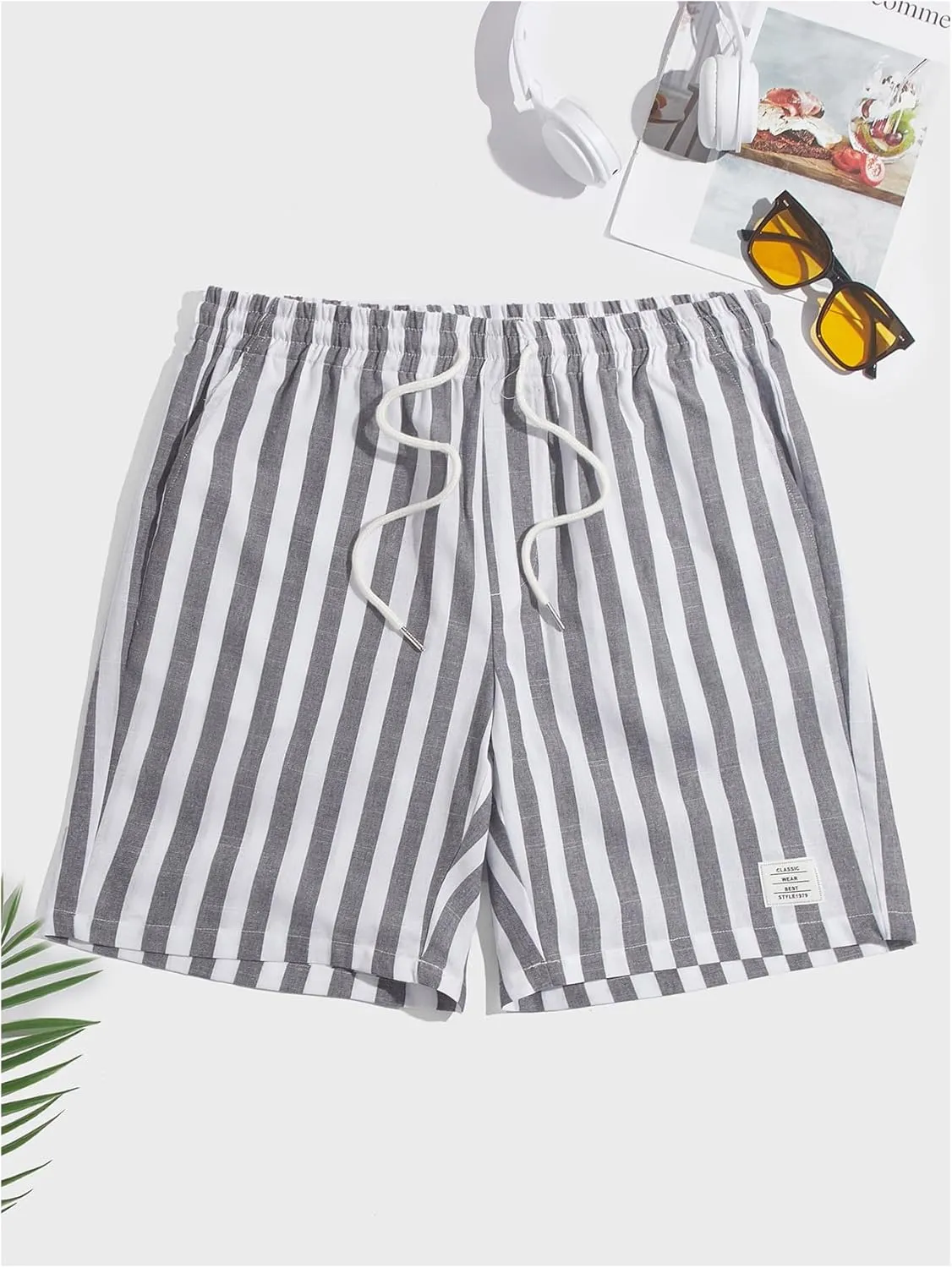OYOANGLE Men's Striped Drawstring Shorts Elastic Waist Summer Shorts with Pocket
