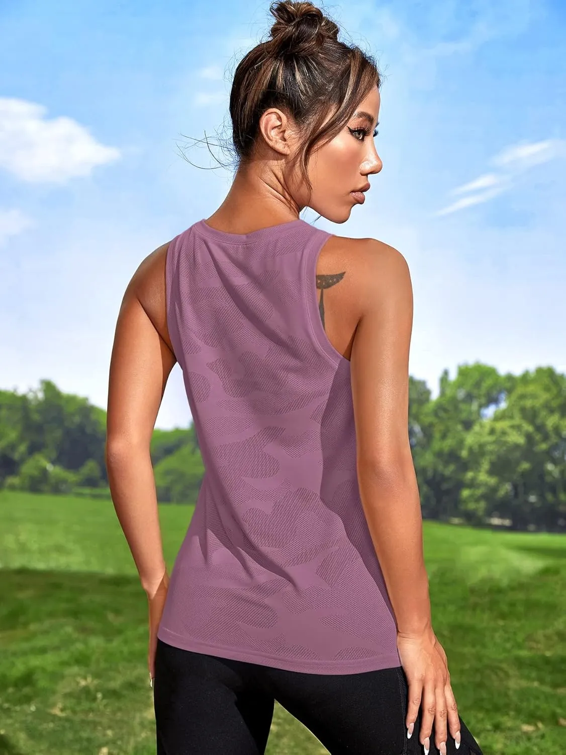 OYOANGLE Women's Camo Print Sleeveless Workout Shirts Exercise Running Tank Tops Active Gym Tops