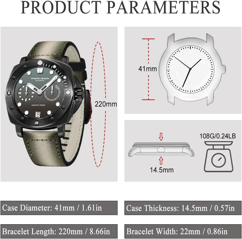Pagani Design Watches for Men Sapphire Glass Mens Automatic Watch 200M Waterproof Sport Casual Calendar Men's Watch with Nylon Strap