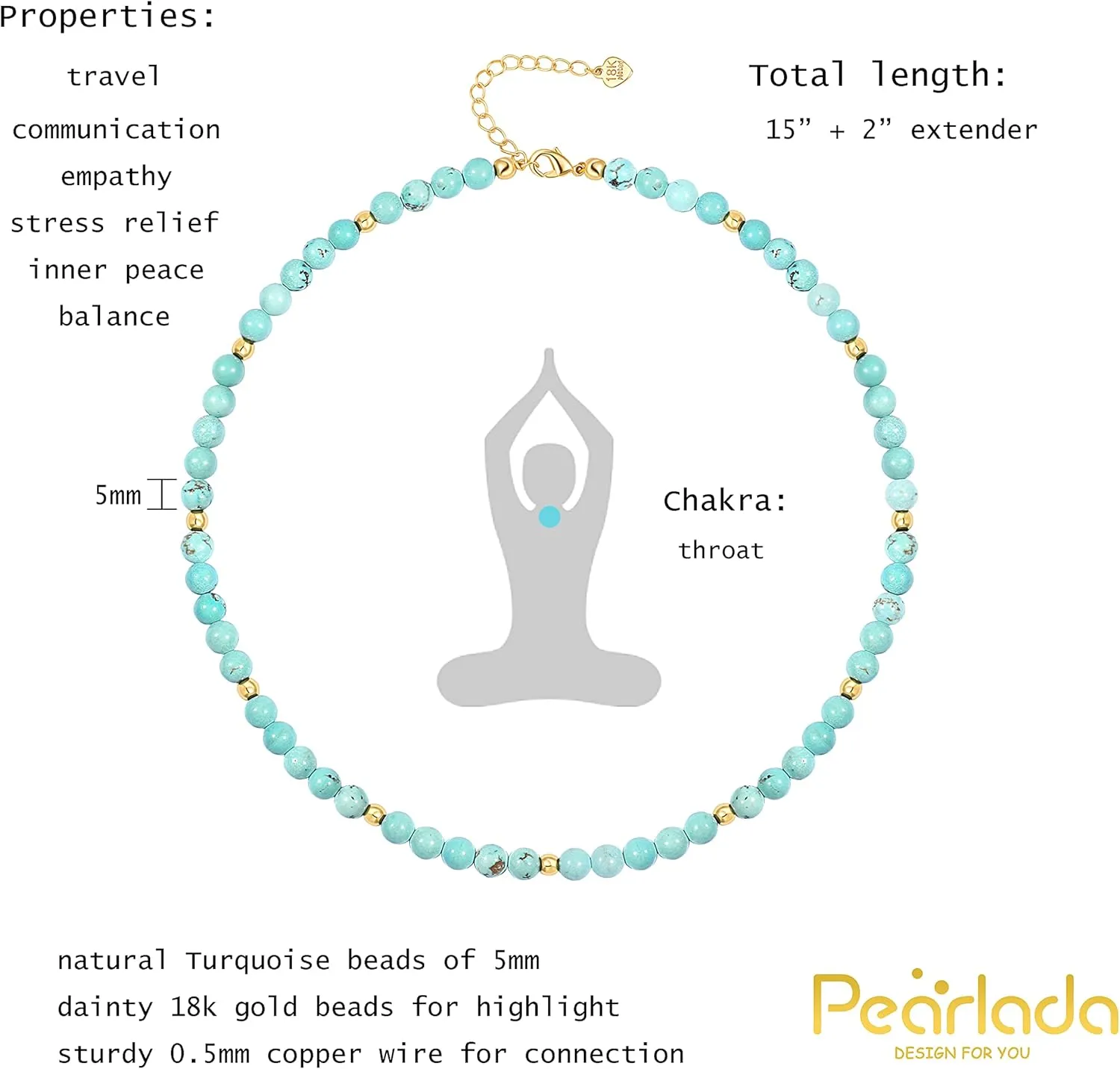PEARLADA Turquoise Beaded Choker Necklace Chakra Stone Necklace Adjustable