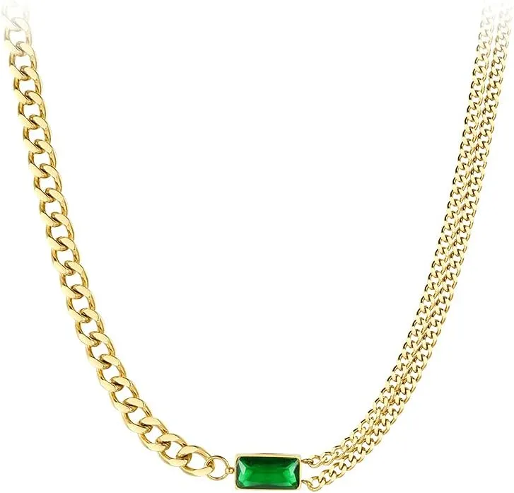 Personalized Green Stone Pendant Necklace Gold Plated Stainless Steel Link Chain Chunky Necklaces for Women