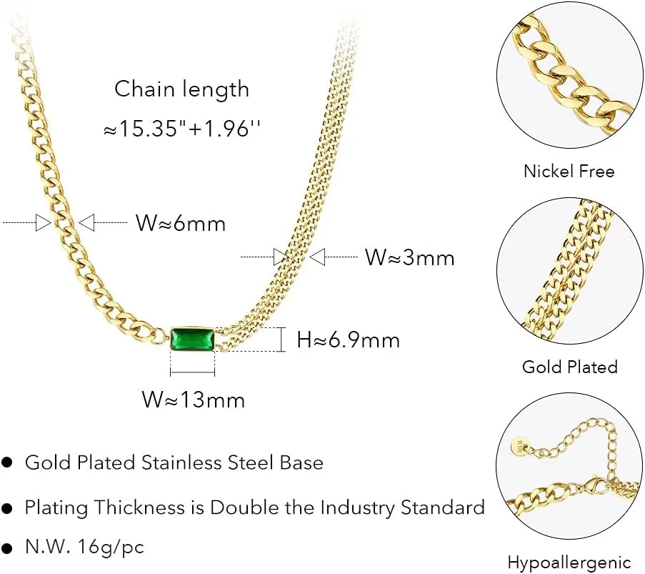 Personalized Green Stone Pendant Necklace Gold Plated Stainless Steel Link Chain Chunky Necklaces for Women