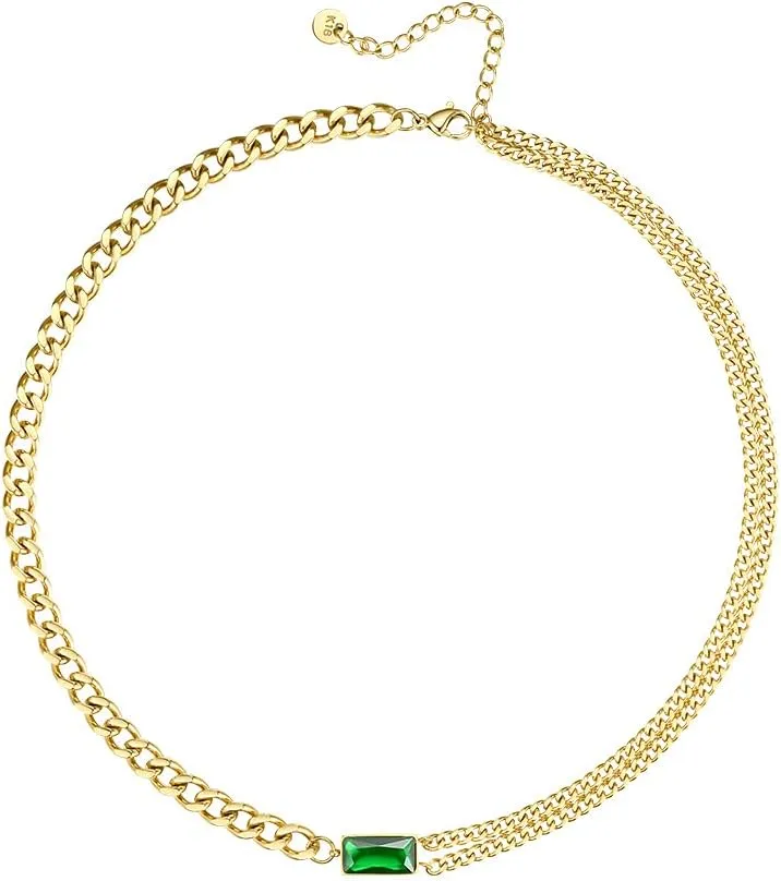 Personalized Green Stone Pendant Necklace Gold Plated Stainless Steel Link Chain Chunky Necklaces for Women