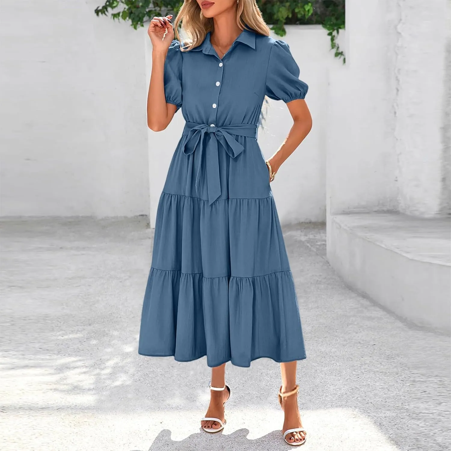 PETYCZEN Summer Dresses for Women 2025 Casual Tiered Dress Short Sleeve Button Down Belted Maxi Dress A Line Flowy Sundresses
