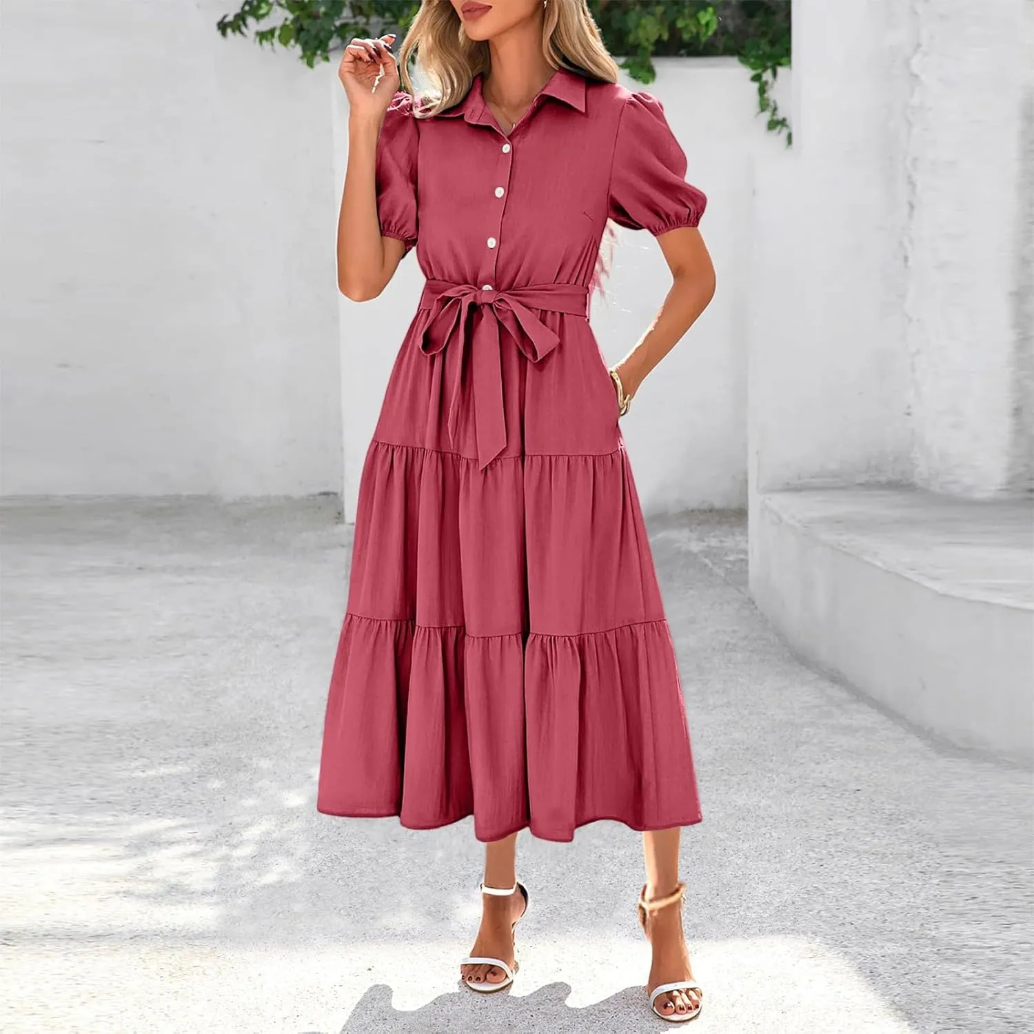 PETYCZEN Summer Dresses for Women 2025 Casual Tiered Dress Short Sleeve Button Down Belted Maxi Dress A Line Flowy Sundresses