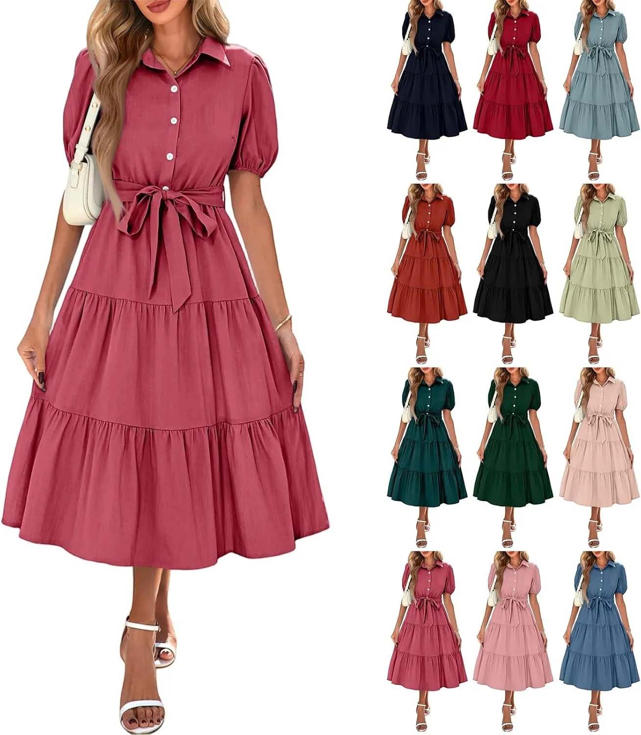 PETYCZEN Summer Dresses for Women 2025 Casual Tiered Dress Short Sleeve Button Down Belted Maxi Dress A Line Flowy Sundresses